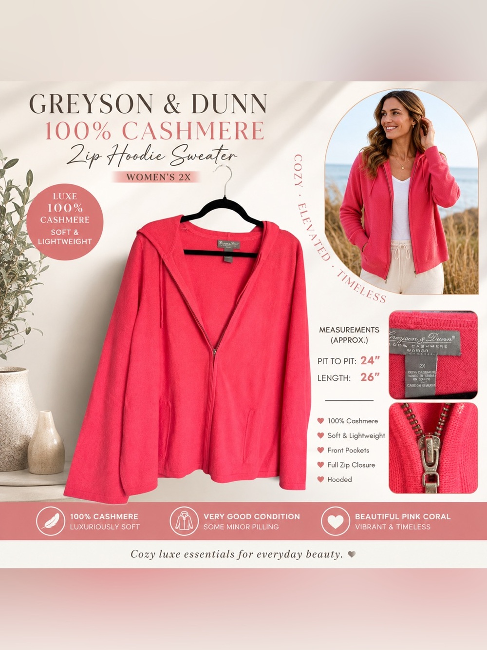 Grayson & Dunn 100% Cashmere Zip Hoodie Sweater Women’s 2X Pink Coral